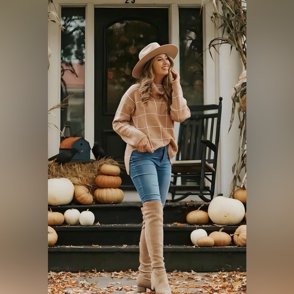 EVOWISH NWT Women's Pullover Turtleneck Sweater-Tan & White-Size Large - Picture 2 of 8